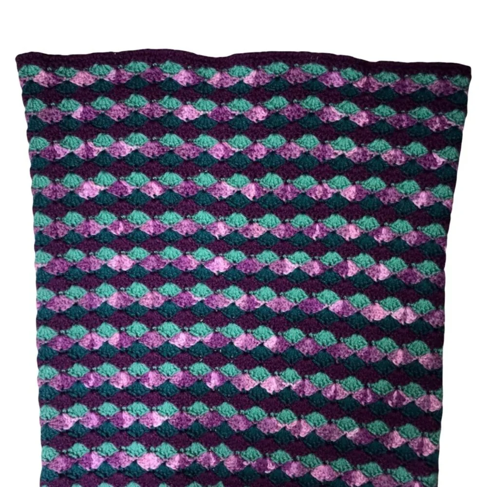 Handmade Hand Crafted Purple Green Diamond Mermaid Tail Throw Blanket 63x20